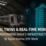 Digital twin and real-time monitoring concept showing a modern metro station on the left and a 3D wireframe building model with IoT and data visualization overlays on the right, illustrating smart infrastructure in India