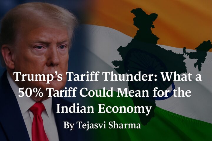 Composite image of Donald Trump and the Indian flag with a map overlay, illustrating the potential impact of 50% U.S. tariffs on the Indian economy