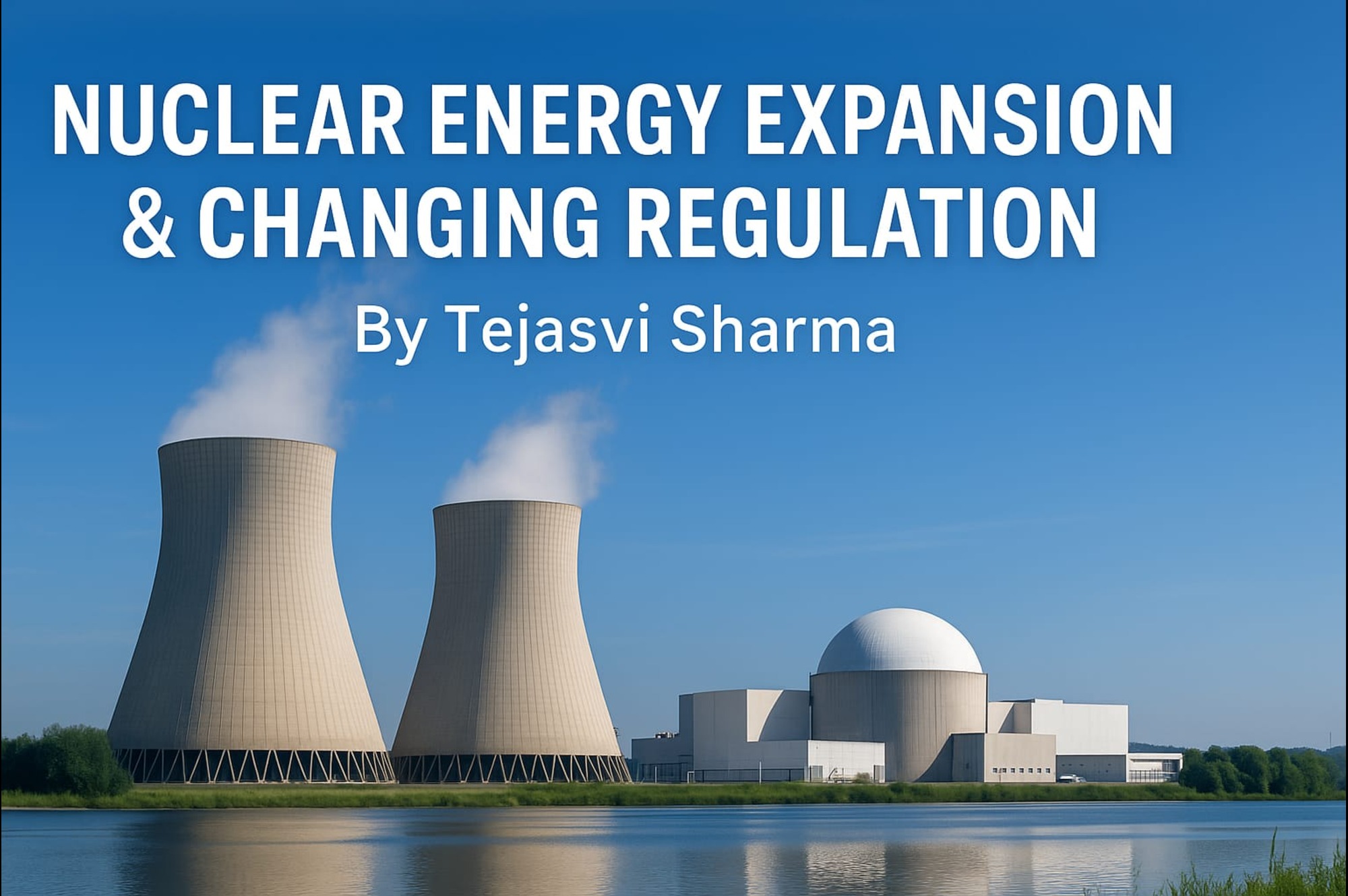 Header image for the article 'Nuclear Energy Expansion & Changing Regulations' by Tejasvi Sharma, showing a modern nuclear power plant with two large cooling towers emitting steam and a reactor dome beside a reflective water body under a clear blue sky