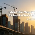 Modern urban skyline at dusk with elevated expressway and construction cranes, featuring headline text ‘Urban India’s Mega Projects: Building the Cities of Tomorrow’ and byline ‘By Tejasvi Sharma