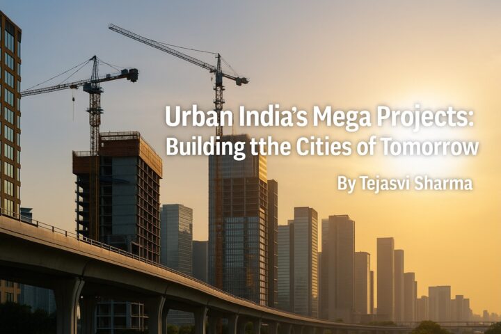 Modern urban skyline at dusk with elevated expressway and construction cranes, featuring headline text ‘Urban India’s Mega Projects: Building the Cities of Tomorrow’ and byline ‘By Tejasvi Sharma