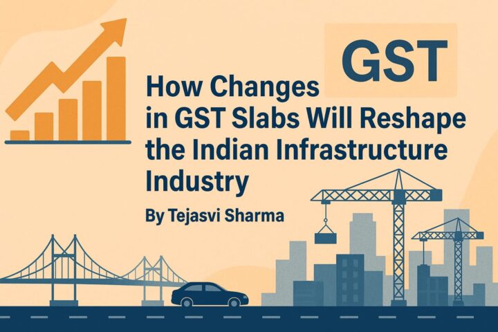 Finance Minister Nirmala Sitharaman with Indian infrastructure background of highways, bridges, and cranes – GST slab reforms boosting construction and housing sector